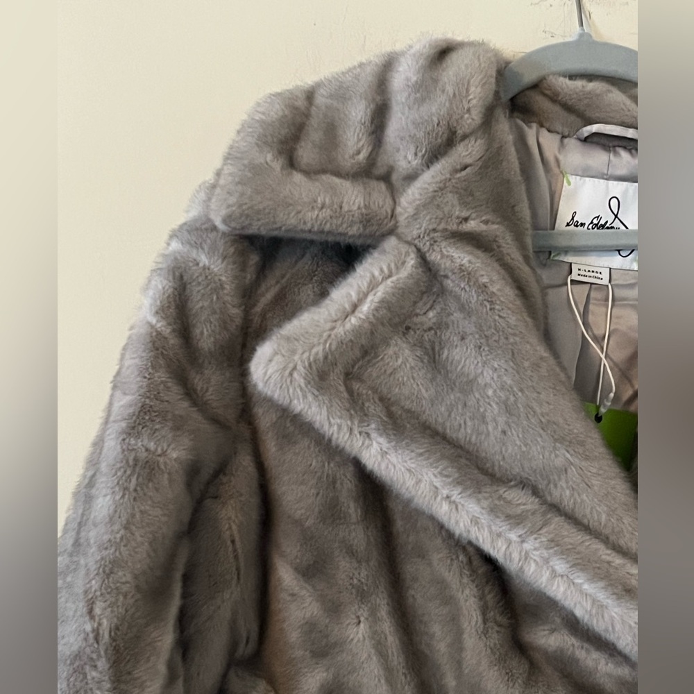 Sam Edelman Taupe Notch Collar Faux Fur Designer Jacket Women’s Size XL - Picture 5 of 16